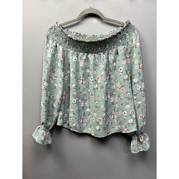 Wild‎ Blue Sadie Robertson Blouse Womens Large Off-Shoulder Smocked Floral - Picture 1 of 6